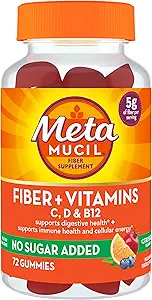 Metamucil Fiber Suplement 72 Gummies, Fiber + Vitamins C,D & B12 no Sugar Added, Support Digestive healt + Support Immune Health, Citrus Berry Flavor.