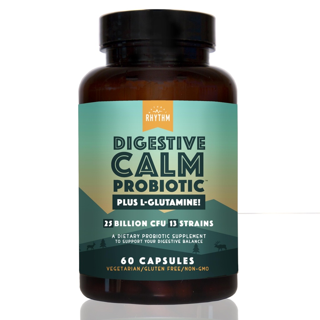 Natural Rhythm Digestive Calm Probiotic (Plus L-Glutamine) 25 Billion CFU y 13 Strains. - Apoyo natural para una mejor digestión - para Bloating &amp; Constipation + Gas Relief & Leaky Gut - 60 cápsulas.