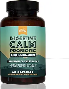 Natural Rhythm Digestive Calm Probiotic (Plus L-Glutamine) 25 Billion CFU y 13 Strains. - Apoyo natural para una mejor digestión - para Bloating &amp; Constipation + Gas Relief & Leaky Gut - 60 cápsulas.