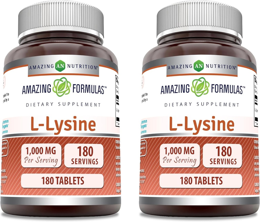 Fórmulas increíbles L-Lysine 1000mg Amino Acid Tablets Suplemento ← No Gluten Free ← Made in USA (180 Silencio 2 Pack)