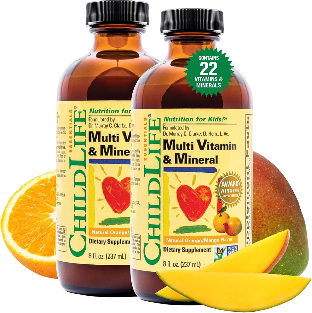 CHILDLIFE Essentials Kids Multivitamin & Mineral - Vitaminas para niños, Líquido multivitamínico para bebé Toddler &amp; Nena Natural Orange & Mango, 8 Fl Oz (Pack of 2)