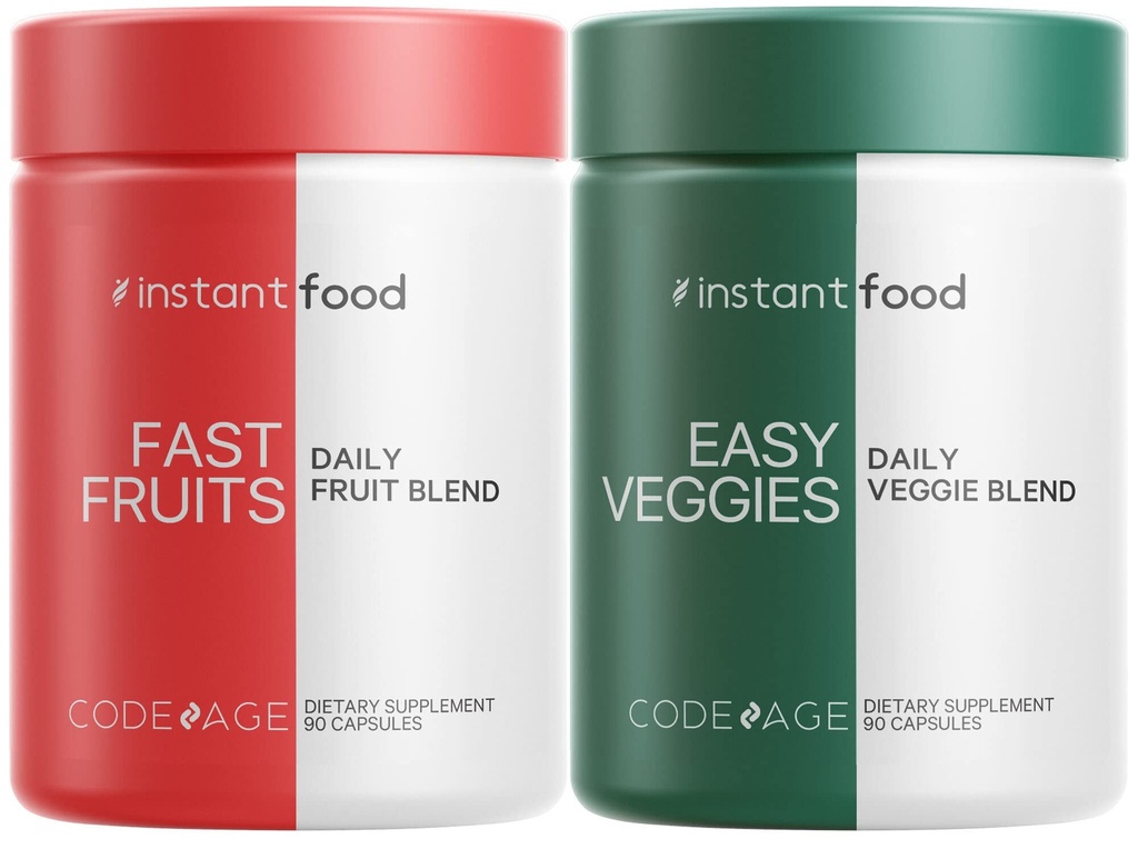 Codeage Instantfood Easy Veggies + Fast Fruits Vitamins Bundle, 30+ Daily Vegetables & Fruits Powders, Whole Food Green, Multivitamin, Fibers, Vegan Superfood Minerals Suplemento - 180 cápsulas