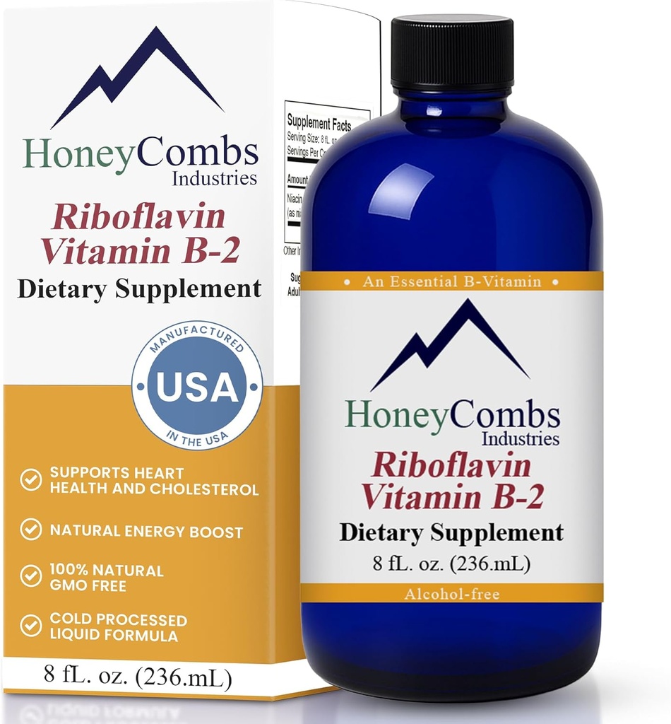 HoneyCombs Vitamina B2 Riboflavin Suplemento Liquid Drops - High Potency Vitamin B2 for Men &amp; Women - Maintain Healthy Digestion, Nervous System, Hair, Skin, Nails - Vegan Liquid Vitamins (8 Fl oz)
