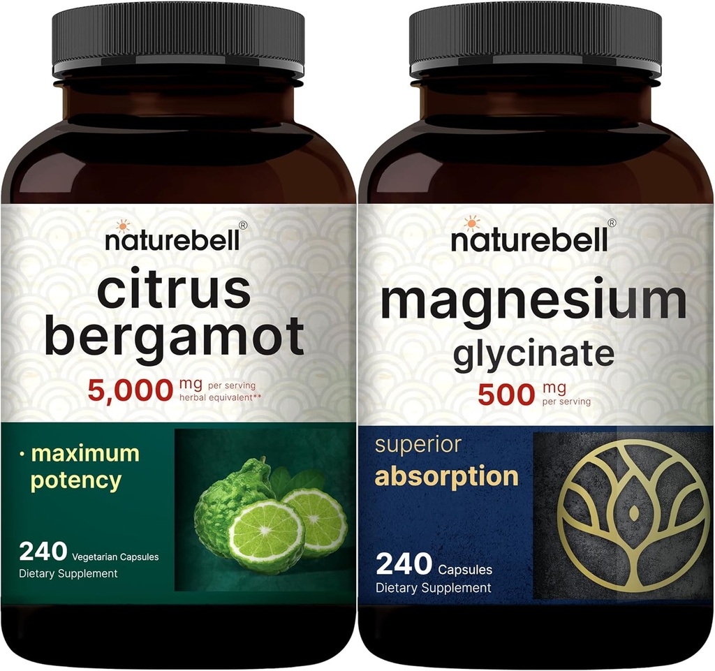 NatureBell Magnesium Glycinate Capsules 500mg " Citrus Bergamot Veggie Capsules 5,000 mg Equivalent Bundle Pack ¦ Chelated & Purified Mineral TEN High Antioxidant Level