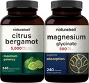 NatureBell Magnesium Glycinate Capsules 500mg " Citrus Bergamot Veggie Capsules 5,000 mg Equivalent Bundle Pack ¦ Chelated & Purified Mineral TEN High Antioxidant Level