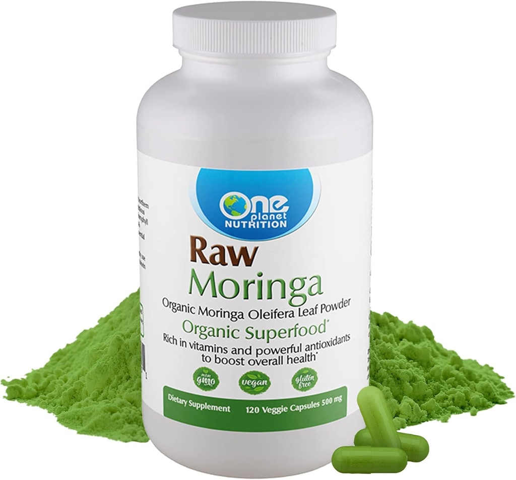 One Planet Nutrition Moringa 500 mg Veggie Capsules (120 Servings), Raw Organic Moringa Leaf, Empaquetado con vitaminas, minerales y proteínas vegetales para el soporte nutricional, no GMO, Vegan, libre de gluten