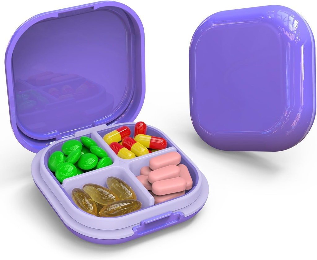 Organizador diario de píldoras 4 Compartimientos, caja pequeña de píldoras caja de viaje portátil, mini recipiente para bolsillo de púrpura, organizador de medicina de viaje compacto para vitamina, aceite de hígado de bacalao, suplemento (Purple)