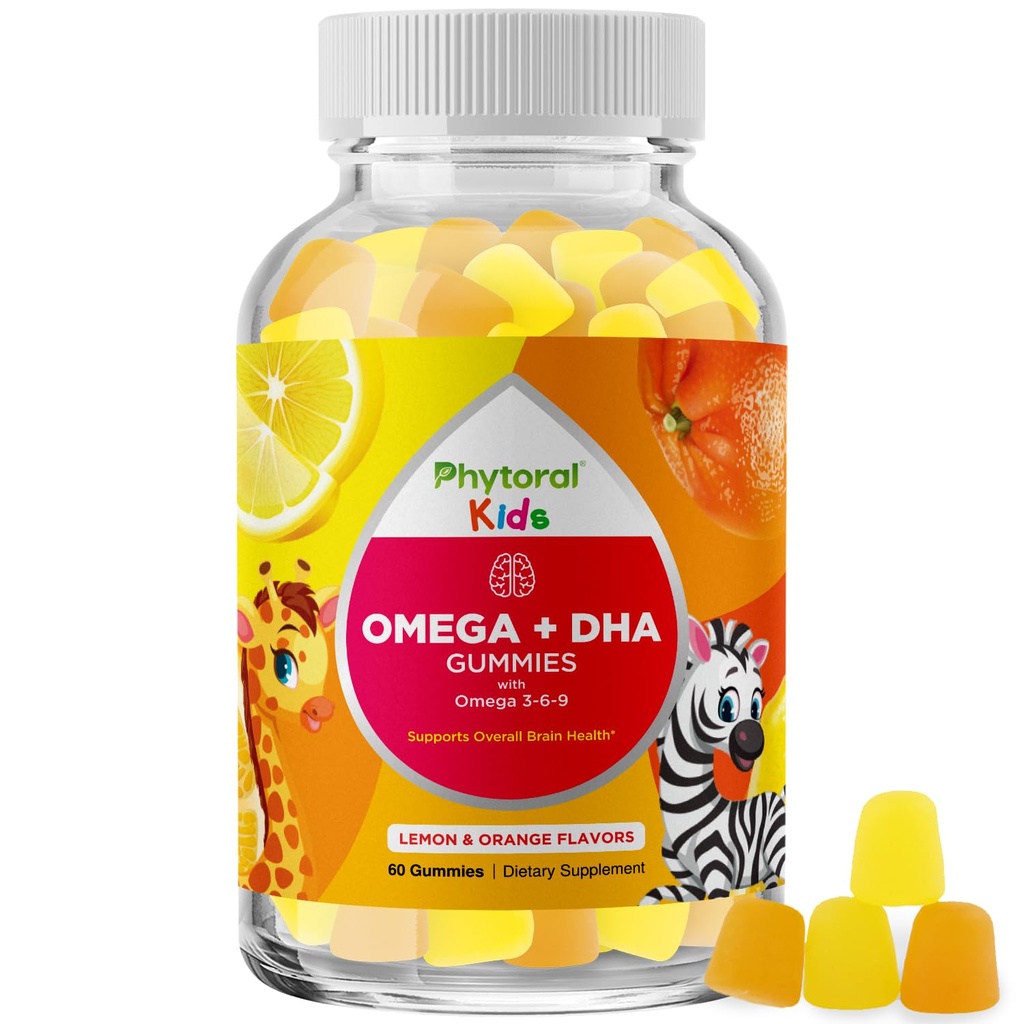 Niños Omega DHA Gummies - ácidos grasos Omega 3 6 9 con vitamina C para cerebro, inmunidad " Visión - DHA nutricional para niños para el sistema nervioso saludable " Apoyo en foco - Fish Free " Vegan - 60 Chews