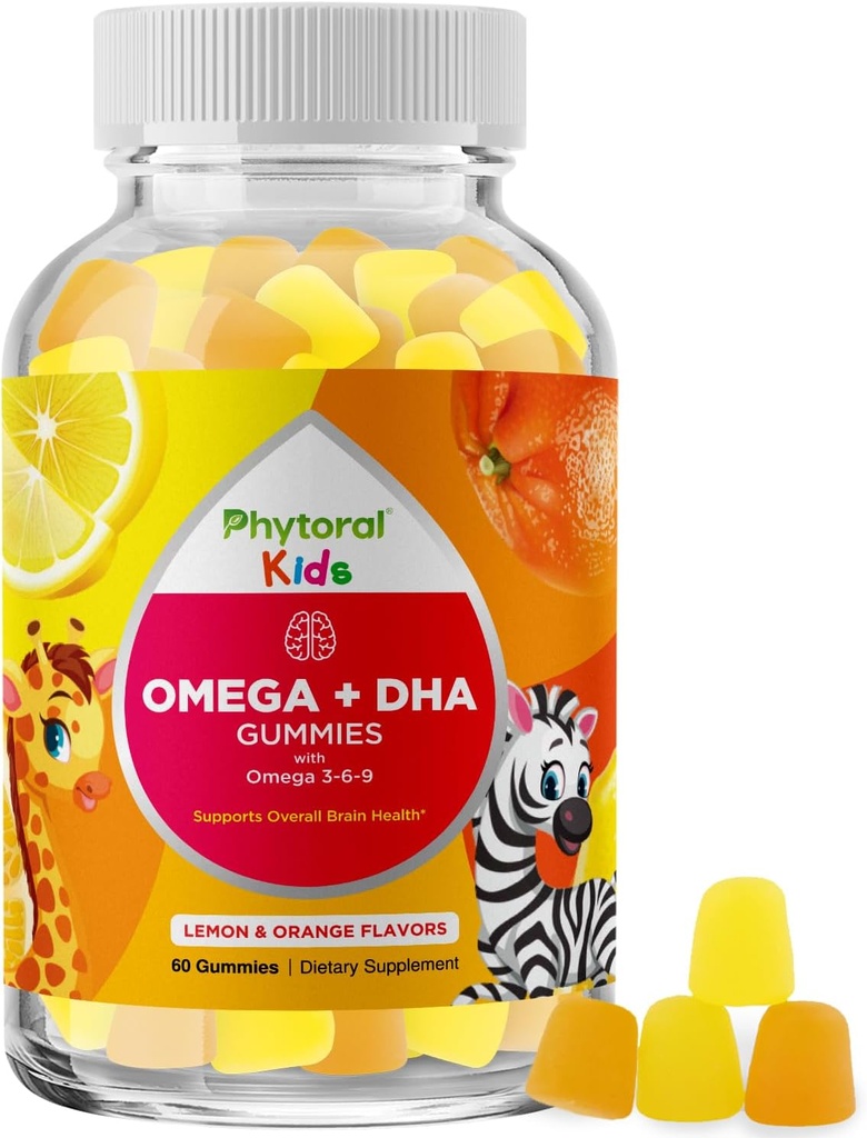 Niños Omega DHA Gummies - ácidos grasos Omega 3 6 9 con vitamina C para cerebro, inmunidad " Visión - DHA nutricional para niños para el sistema nervioso saludable " Apoyo en foco - Fish Free " Vegan - 60 Chews