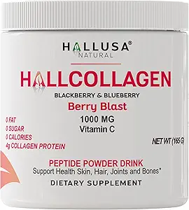 Hallusa Natural Hidrolyzed Collagen Peptides Powder 1000mg con vitamina C ¦ BlackBerry & Blueberry Flavor ← 4g Collagen per Serving ← Saludable cabello, piel, uñas, bonificación &amp; soporte conjunto
