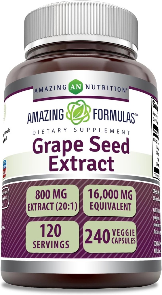 Amazing Formulas Grape Seed 800 Mg Extract (20:1) TEN 16000 Mg Equivalent TEN Veggie Capsules ← Non-GMO TEN Gluten-Free TEN Made in USA (240 Count)