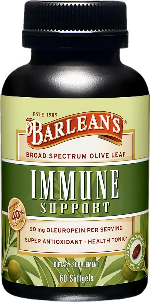 Complejo de sopa de oliva de Barlean Softgels Immune Support Suplemento con antioxidantes de Oleuropeina 90 mg, Salud del corazón concentrada y píldoras de booster de inmunidad, 60 Condes