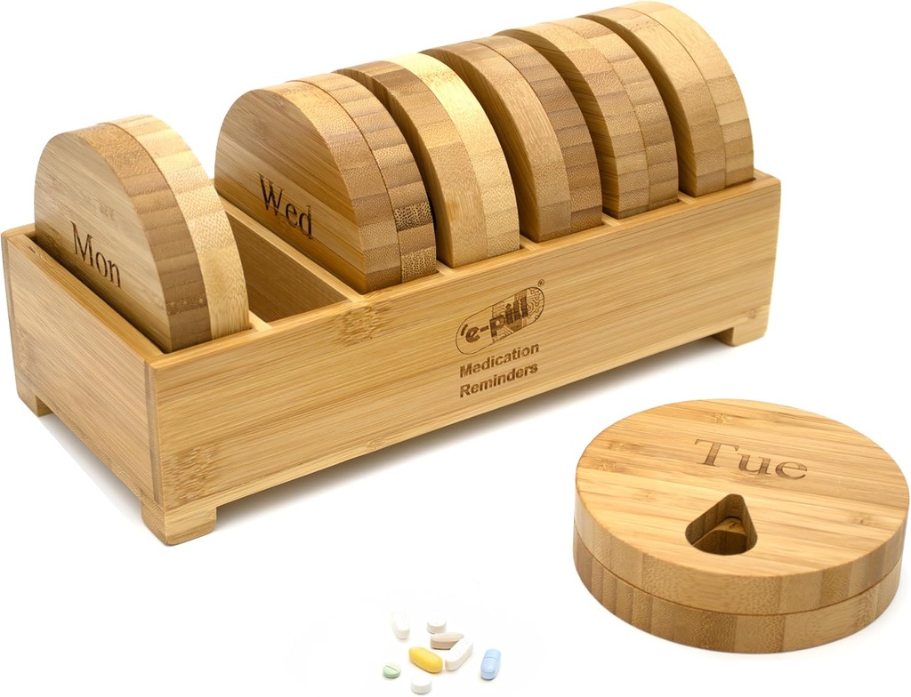 e-Pill Bamboo Organizador semanal de píldoras, caja de 7 días para tabletas, vitaminas o suplementos