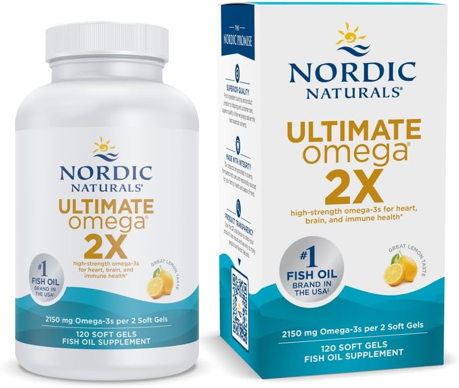 Nordic Naturals Ultimate Omega 2X, Lemon Flavor - 120 Soft Gels - 2150 mg Omega-3 - Aceite de pescado de alta potencia con EPA & DHA - Promociona Brain & Heart Health - Non-GMO - 60 Servings