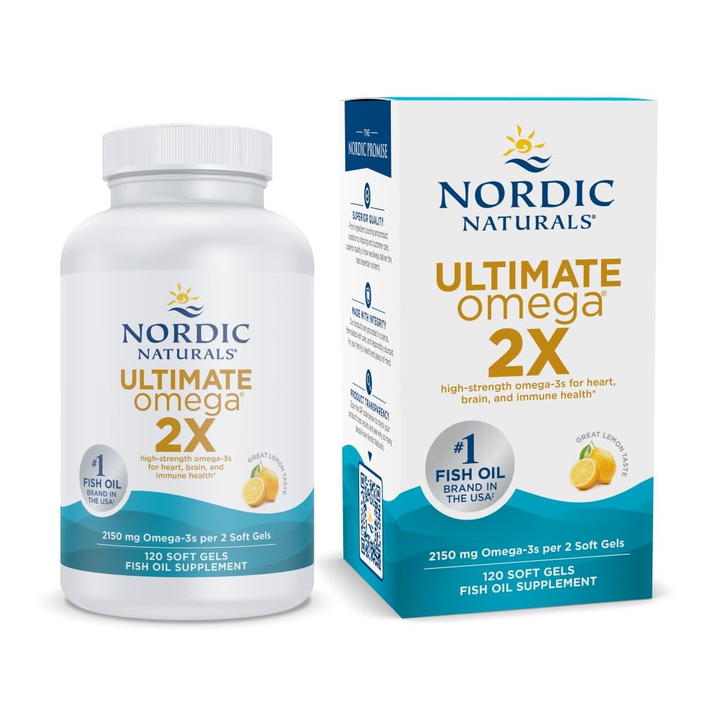 Nordic Naturals Ultimate Omega 2X, Lemon Flavor - 120 Soft Gels - 2150 mg Omega-3 - High-Potency Fish Oil with EPA & DHA - Promotes Brain & Heart Health - Non-GMO - 60 Servings