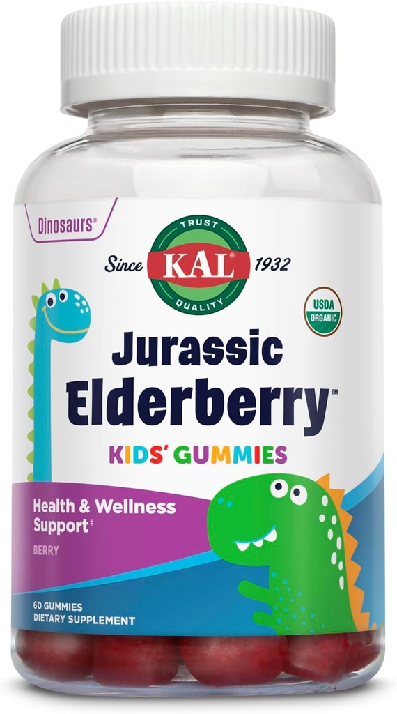 KAL Jurassic Elderberry Kids Gummies ← Healthy Immune Support  USDA Organic, Vegan, Gluten Free ← 30 Serv, 60 Ct