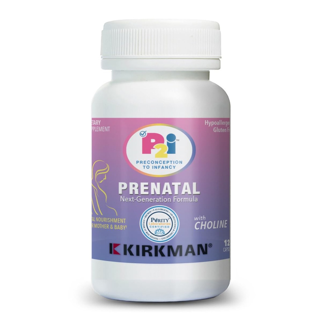 Kirkman P2i Vitaminas prenatales para Mujeres, Multivitamínico con Choline, 120 cápsulas, Vital Daily Nutritional Support for Healthy Mother &amp; Baby, OBGYN Formulado " Adorado, hipoalergénico " Sin gluten