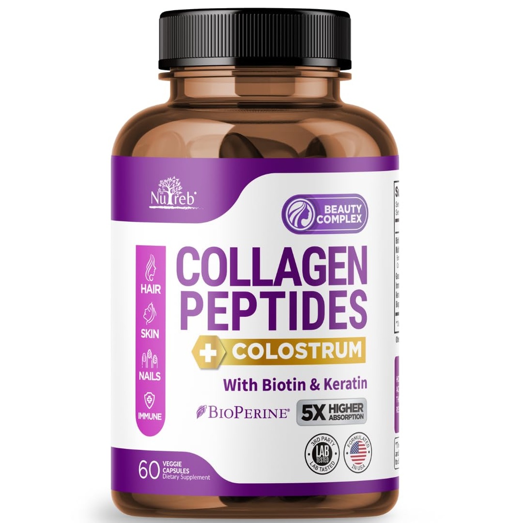 Peptides colágeno para mujeres con colostrum, biotina y queratina - Tipo I, II, III, V, X - 5X Absorción superior - Piel de pelo y uñas Vitaminas - Collagen para mujeres - Píldoras colágenas - 60 cápsulas