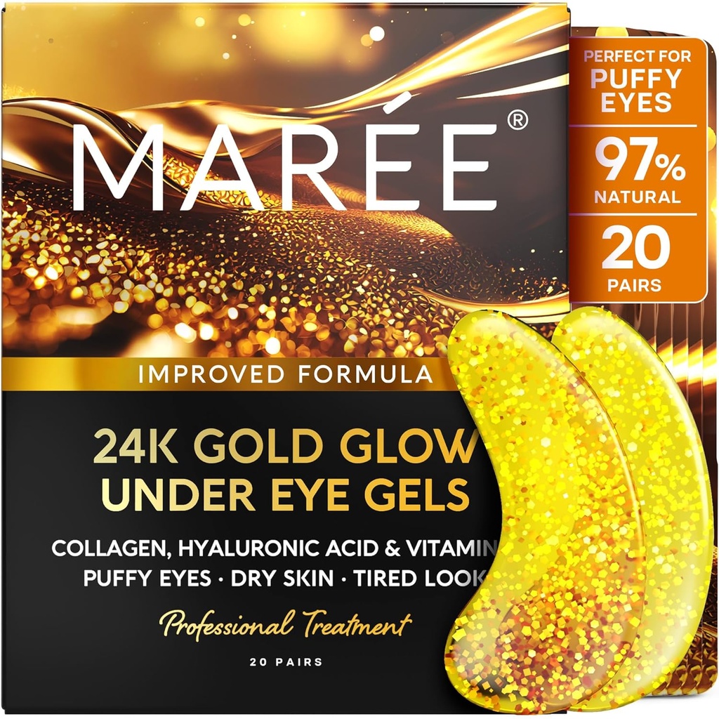 MAREE 24k Gold Under Eye Gels for Dark Circles and Puffiness - Collagen &amp; Hyaluronic Acid Skincare Gel Pads - Gold Eye Patches for Puffy Eyes and Dark Circles - Under Eye Masks - Travel Essentials