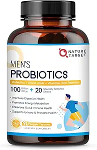 NATURE TARGET Probiotics for Men Digestive Health with Enzymes limitada Prebiotics, 100 Billion CFUs, Hombres Probiotics with Saw Palmetto & Cranberry for Prostate & Urinary Tract Health, 90 VeggieCapsules