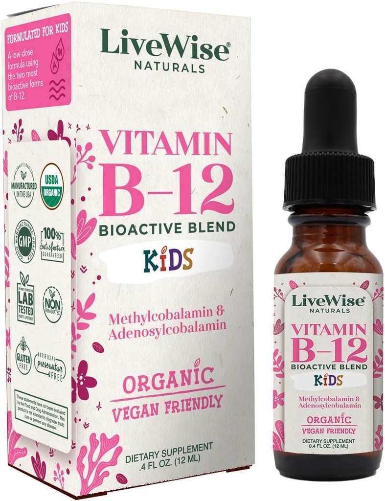 LiveWise Naturals Vitamina B12 Liquid Drops for Kids ← Toddlers and Children I Methylcobalamin and Adenosylcobalamin ← USDA Organic I Vegan ← Non-GMO ← Gluten Free ← Low Dose