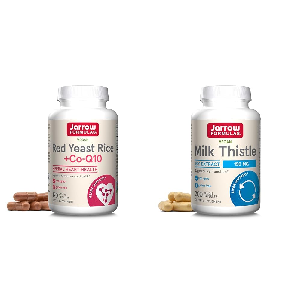 Jarrow Formulas Red Yeast Rice 1200 mg & Co-Q10 100 mg Per Serving-120 Veggie Caps-60 Servings & Heart Health-Vegan & Milk Thistle 150 mg with 30:1 Standardized Silymarin Extract