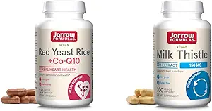 Jarrow Formulas Red Yeast Rice 1200 mg &amp; Co-Q10 100 mg Por Serving-120 Veggie Caps-60 Servings & Heart Health-Vegan & Milk Thistle 150 mg with 30:1 Standardized Silymarin Extract