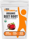 BulkSupplements.com Extracto de remolacha orgánica Powder - Powder de remolacha, Suplemento de óxido nítrico - Vegan &amp; Gluten Gratis, 400 mg por ser, 250g (8.8 oz) (Pack of 1)