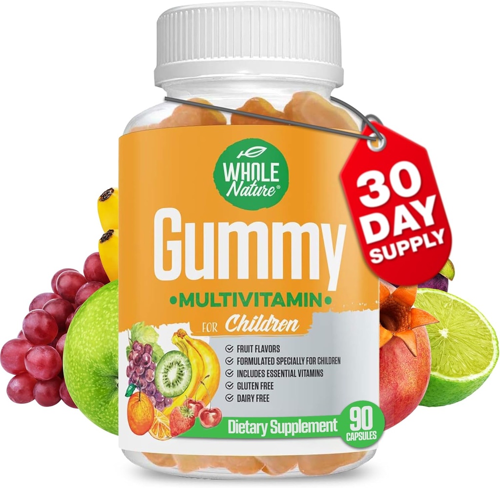Niños Gummy Multivitamin - Esenciales diarios completos Niños Vitaminas y Minerales para el bienestar general, 90 Gummies. Sabor de frutas, sin azúcar artificial, lácteo y sin gluten