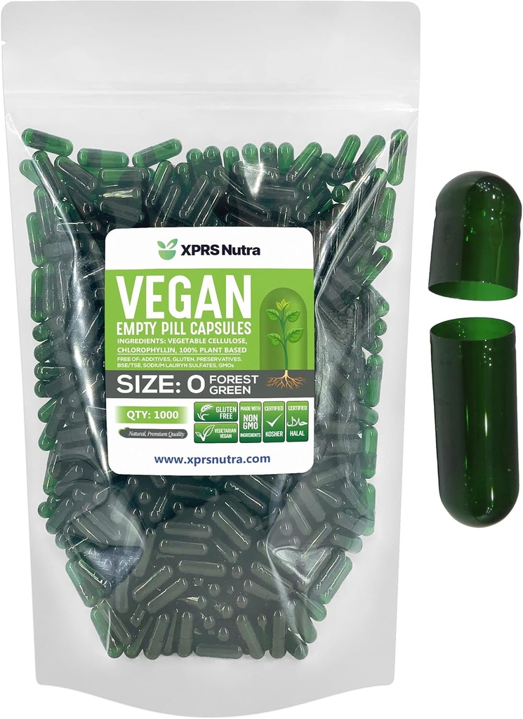 XPRS Nutra Tamaño 0 Empty Capsules - 1000 Conde Vacío Cápsulas Vegan - Láminas Vegetarianas para el relleno de cápsulas de bricolaje - Veggie Pill Caps (Forest Green)