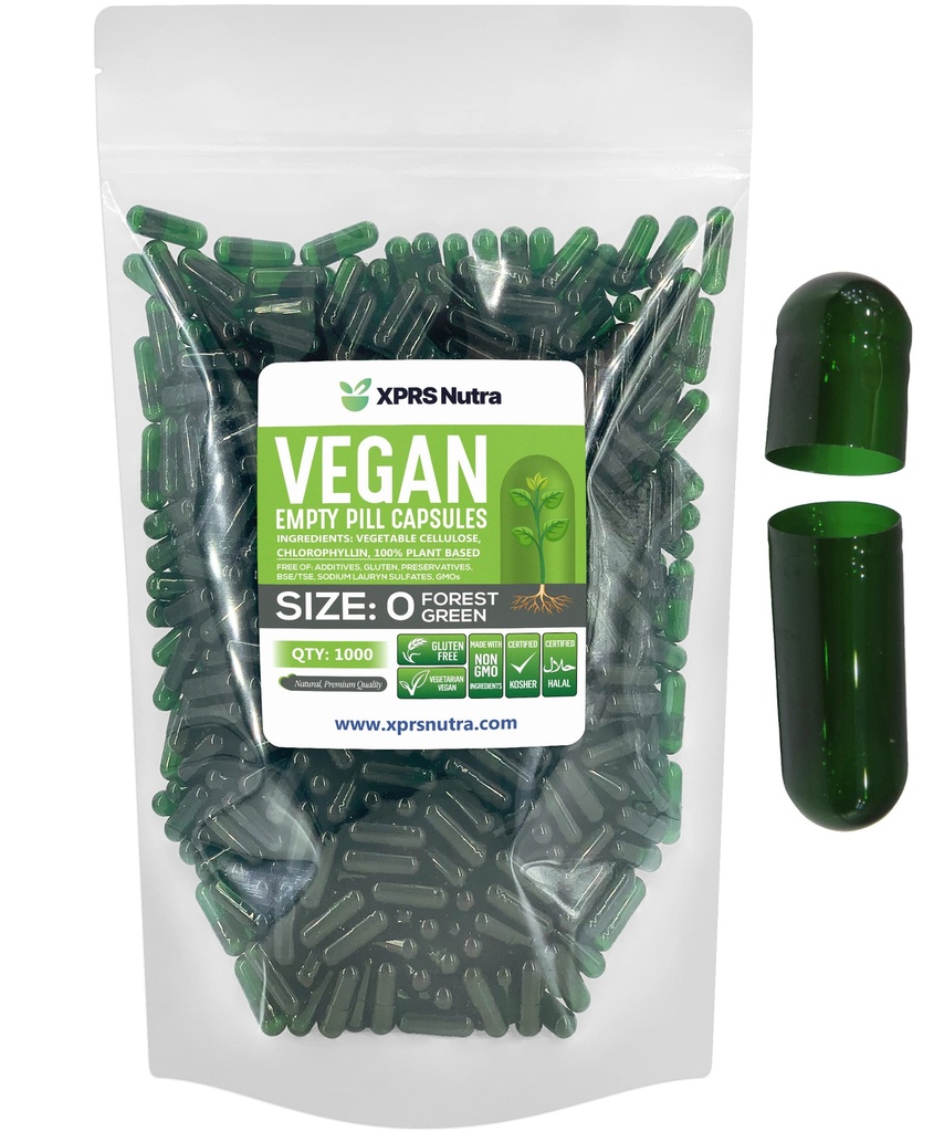 XPRS Nutra Tamaño 0 Empty Capsules - 1000 Conde Vacío Cápsulas Vegan - Láminas Vegetarianas para el relleno de cápsulas de bricolaje - Veggie Pill Caps (Forest Green)