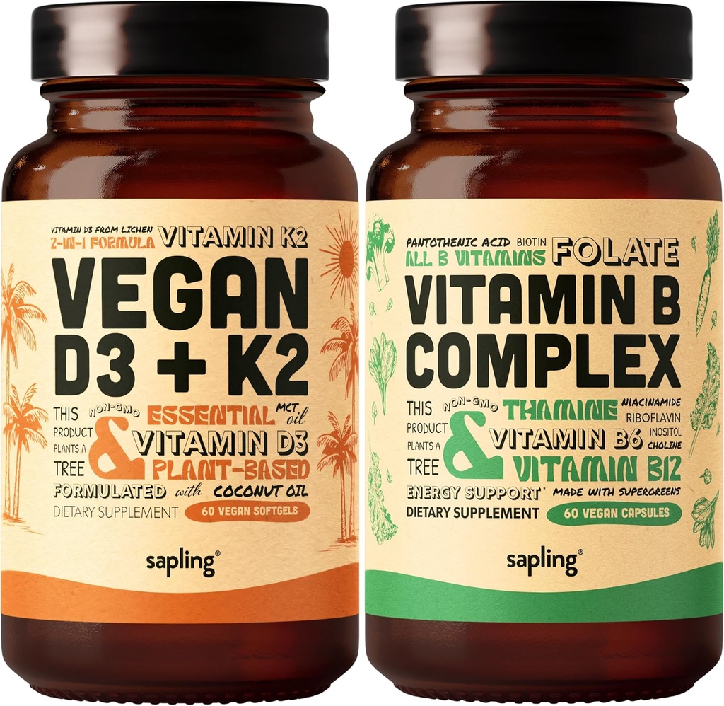 sapling Vegan Vitamin D3 + K2 & Vitamin B Complex Bundle - 4000 IU Vitamina D3 y 100mcg Vitamina K2 como Mk7, Esencial B Vitaminas con Alimento Integral Blend, B1, B2, B3, B5, B6, B7, Folate