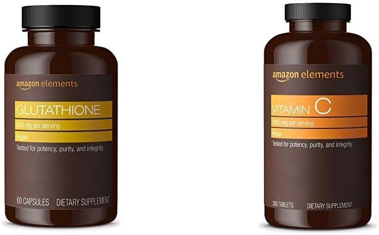 Elementos Glutathione, 500mg, 60 cápsulas, 2 mes de suministro & vitamina C 1000mg, Vegan, 300 tabletas, 10 meses de suministro