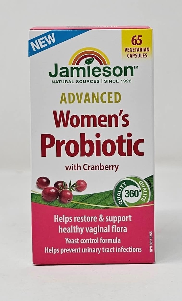 Jamieson Advanced Women's Probiotic with Cranberry, Help Support &amp; Restore Healthy Vaginal Flora - 65 Vegetarian Capsules