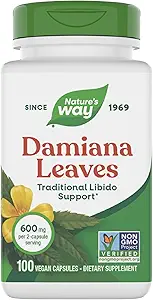 Natural Way Damiana Leaves, Tradicional Libido Support*, 600 mg por 2-Capsule Serving, Non-GMO Project Verified, Vegan, 100 Capsules (Paquete May Vary)