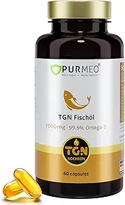 TGN Premium rTG Omega-3 Fish Oil 1000mg - 400% Absorción superior > 99,9% Puro - 600mg EPA & 300mg DHA para el corazón, cerebro, ojos &amp; soporte conjunto - No Fishy Aftertaste, Made in Germany, 60ct