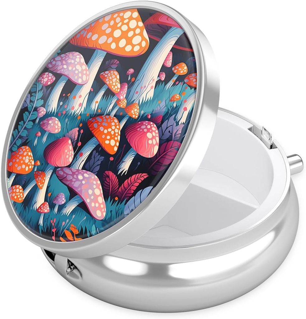 Nipichsha Pill Box, Small Pill Case for Purse & Pocket, Cute Travel Medicine Organizer, Portable Medicine Container Holder to Hold Vitamins, Medication, Fish Oil &amp; Supplement, Pretty Mushroom