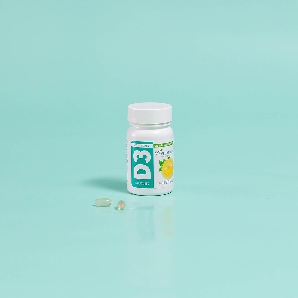 Vegan Life Nutrition - Vitamina D3 Daily Capsules for Adults (1000 IU) - Gluten-Free, Non-GMO, Supports Bone Health and Immune System - 60 cápsulas