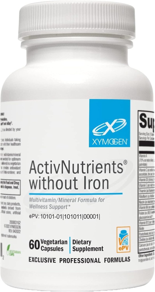 XYMOGEN ActivNutrients Without Iron - Multivitamin Multimineral for Wellness, Immune, Energy and Mood Support - Minerales Chelated + Vitaminas B Active con Folate (60 Capsules)
