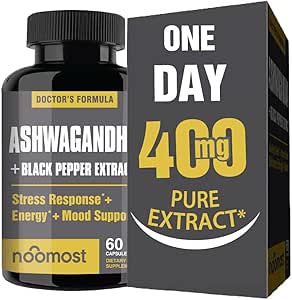 NooMost Ashwagandha Root Extract 15:1 with Black Pepper for Better Absorption - 60 cápsulas - Natural Stress, Energy, Focus &amp; Sleep Support - Adaptogen Supplement for Men &amp; Women - Made in USA