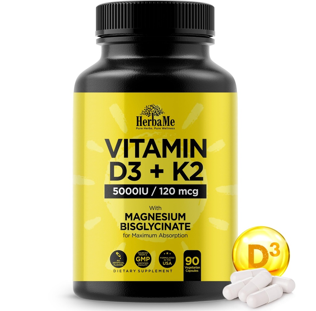 Vitamina D3 5000 UI + K2 con Bisglycinate Magnesium para Max Absorption TEN 90 Capsules ANTE Immune Support Silencio promueve el corazón, el hueso y la salud muscular