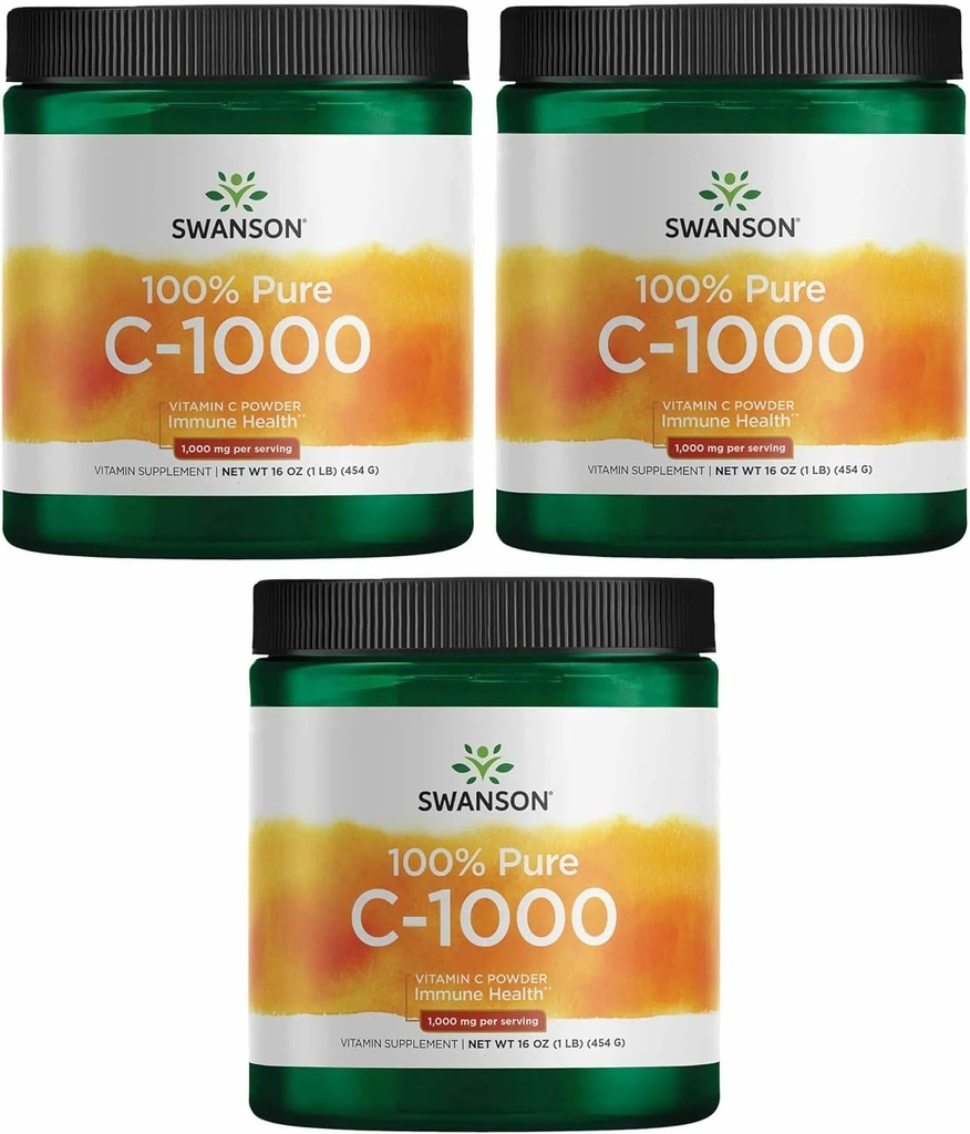 Swanson Vitamina C Polvo 100% ácido ascórbico puro, Apoyo al sistema inmunológico, Salud de la piel, Salud cardiovascular, Suplemento antioxidante 1000 mg (por servicio) 1 lb. 454 g (3 Pack)