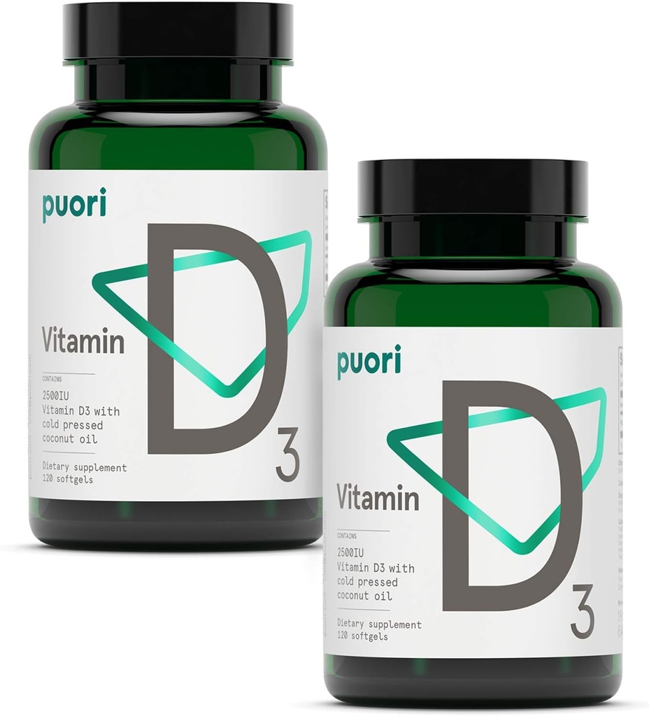 Puori Vitamin D3 Softgels, 2500 IU (62.5 mcg) - Fast Absorbing Vitamin D3 Supplements for Immune System Support, Bone Health & Density and Healthy Muscle Functions - Non-GMO & Gluten-Free - 240 Count