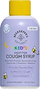 Beekeeper's Naturals Propolis Honey Cough Syrup Nighttime for Kids Immune Support with Propolis, Elderberry & Raw Honey - Sleep Support with Chamomile &amp; L-Theanine - Gluten Free, 4 oz.