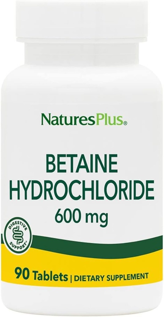 NaturesPlus Betaine HCl (Hydrochloride) - 600 mg, 90 Tablets - Suplemento de Apoyo Digestivo, Alivia los síntomas de la indigestión de acidez ocasional - hipoalergénico, libre de gluten - 90 Servimientos