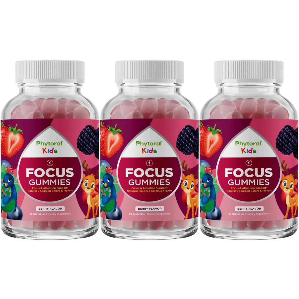 Gummies Vegan Kids Focus - Potent Chewable Brain Support for Children - Enhances Concentration & Memory - Calming Supplements & Focus Gummies for Kids - Non-GMO & Gluten-Free - 60 Cuenta - 3 Pack