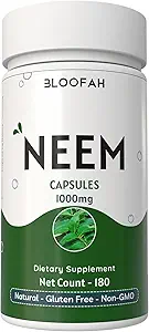 Neem Leaf Capsules 1000mg  Azadirachta Indica Natural Neem Leaf Powder ← Non-GMO, Gluten-Free ← Easy-to-Swallow Herbal Supplement ← Botánico tradicional (180 Conteo (Pack of 1))