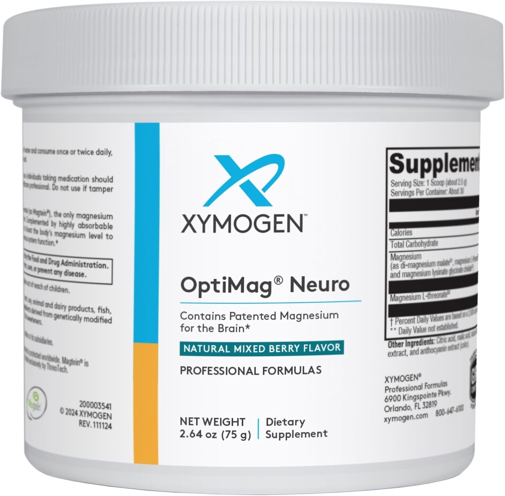 XYMOGEN OptiMag Neuro - Pólvora de Magnesio Chelated - con Glycinate de Magnesio &amp; L-Threonate - Asistencia Cerebro Relajación - Cereza mixta (30 Servimientos)
