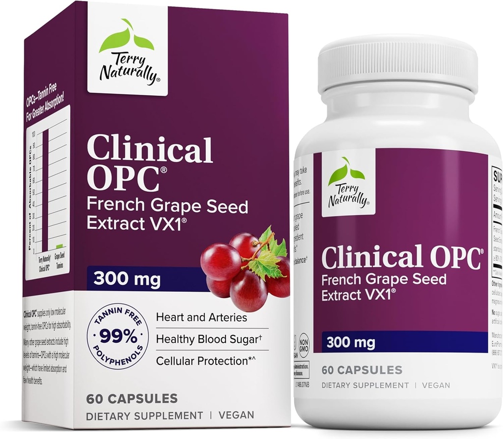 Terry Naturalmente Clínico OPC - Cardiovascular Health & Focus Support Suplemento - Suplemento dietético con Grape Seed Extract &amp; Sunflower Lecithin - Immune Support Suplemento - 300 mg, 60 Softgels