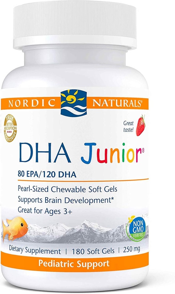 Nordic Naturals Pro DHA Junior, Fresa - 180 Mini Chewable Soft Gels - 250 mg Total Omega-3 con EPA &amp; DHA - Desarrollo del cerebro y función visual - No GMO - 45 Servimientos